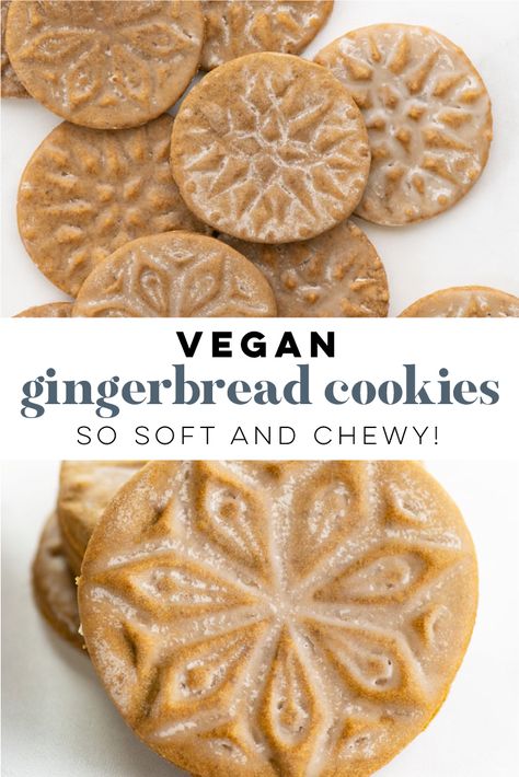 Soft and fluffy vegan gingerbread cookies! Learn how to use a cookie stamp and simple glaze to make these elegant vegan Christmas cookies. | Mindful Avocado #vegangingerbread #vegangingerbreadcookies #gingerbreadcookies #cookiestamp #vegancookies #veganrecipes #vegancookies #christmascookies #mindfulavocado Vegan Avocado Recipes, Vegan Gingerbread Cookies, Vegan Christmas Dinner, Vegan Christmas Cookies, Vegan Sugar Cookies, Vegetarian Cookies, Vegan Gingerbread, Vegan Holiday Recipes, Vegan Christmas Recipes