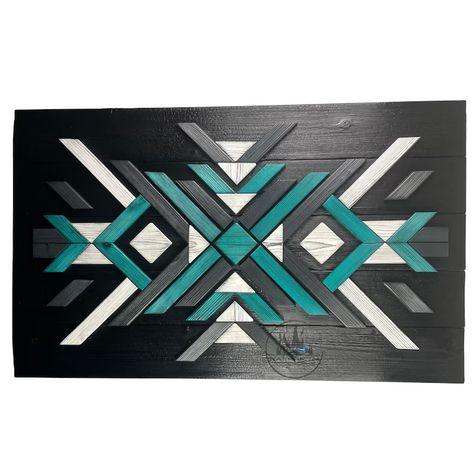 Mosaic Wood Wall Art Large Size Modern Rustic Decor Southwestern Shou Sugi Ban Ranch White Turquoise Black - Etsy Wood Art Diy, Large Wood Wall Art, Geometric Stencil, Wood Wall Art Diy, Barn Quilt Designs, Charred Wood, Wood Art Projects, Modern Rustic Decor, Wooden Flag