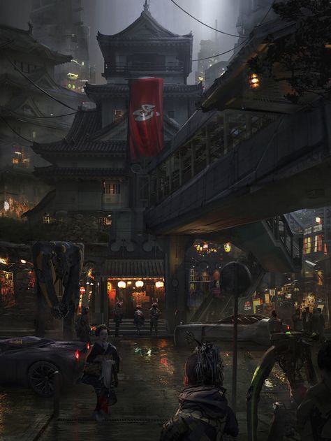 Neo Edo , Eddie Mendoza on ArtStation at https://www.artstation.com/artwork/80kEm Art Cyberpunk, Rpg Horror, Rpg Dice, Cyberpunk City, Futuristic City, Fantasy Art Landscapes, Cyberpunk Art, Fantasy Concept Art, City Street