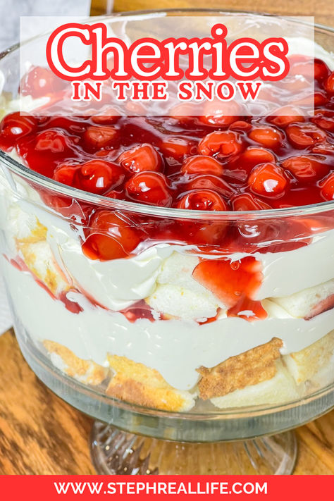 Cherries in the Snow Merry Cherry Dessert, Cherries On A Cloud, Cherry In The Snow, Cherries In Snow Dessert, Easy Fruit Trifle, Berries In The Snow Dessert, Best Dessert For A Crowd, Cherries In The Snow Dessert, Cherries In The Snow Recipe