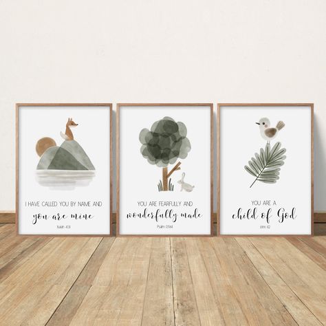 This set of 3 Bible verses with green trees and mountains would be lovely for a nursery, bedroom or older child's room room.  And since they are digital downloads, they're a most affordable way to decorate!  - THIS IS A DIGITAL DOWNLOAD; NO physical item will be sent - Other sizes available upon request at no additional charge - Prints to a 5x7, 8x10, 11x14, 12x16 or 16x20 or 18x24 inch size or a European A3 size; all 7 sizes are included in your purchase  - 18x24 inch files available upon request; they just would not fit into the space allowed - Fits perfectly into a standard size frame readily found in any hobby or craft store - 100% of your purchase price goes directly to Youth for Christ, a nonprofit started by Billy Graham in 1948 that serves impoverished, at risk and homeless youth Baby Boy Nursery Woodland, Christian Nursery Decor, Woodland Nursery Boy, Christian Nursery, Bible Verses For Kids, Nature Baby, Church Nursery, Kids Bible, Baby Boy Nursery