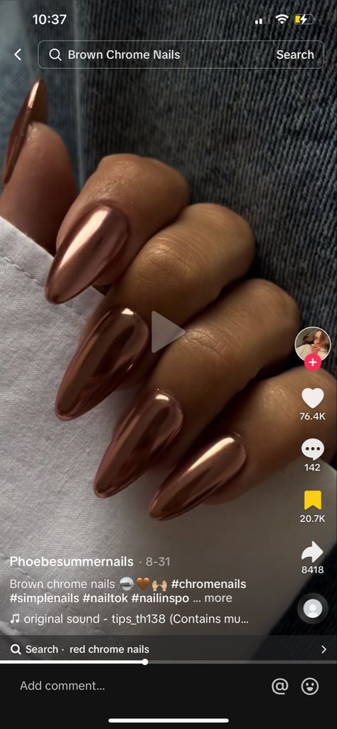 Copper Nails Acrylic Almond, Autumnal Chrome Nails, Nov Nail Ideas, Copper Dust Nails, 2024 Thanksgiving Nails, Fall Nails 2023 Brown, November Nails Fall Short Almond, Metallic Navy Blue Nails, Brown Crome Nails Design