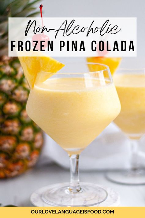 Get a taste of the tropics with this simple 3-ingredient pina colada mocktail recipe! Ready in just minutes, this easy, creamy, non-alcoholic pina colada is something the whole family can enjoy! Mocktails Pinacolada Recipe, Pina Colada Mix Recipe, Pina Colada Recipe Virgin, Non Alcoholic Pina Colada Recipe, Pina Colada Recipe Non Alcoholic, Pina Colada Mocktail, Poolside Drinks, Pina Colada Drinks, Frozen Pina Colada