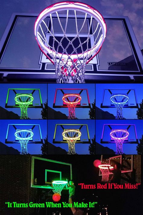 It illuminates the rim, backboard, and net of your basketball hoop in the dark and has shot reactive sensors that flash red when you miss a shot and green when you make a basket. Basketball Backboard Diy, Diy Basketball Hoop, Diy Basketball, Make A Basket, Basketball Ring, Basketball Rim, Hoop Light, Basketball Backboard, Trailer Diy