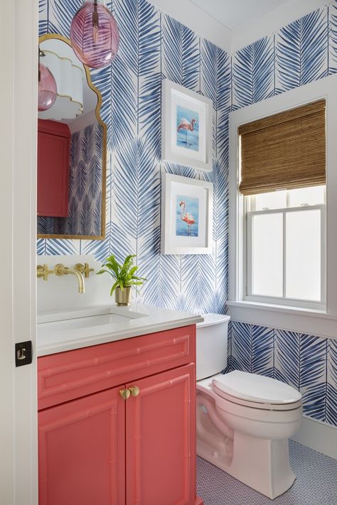 Narragansett Pier — Blakely Interior Design Pool House Wallpaper, Powder Room Window, Bold Powder Room, Cabana Bathroom, Boho Living Room Decor Ideas, Oak Meadow, Powder Bathroom, Pool Bathroom, Seaside Living