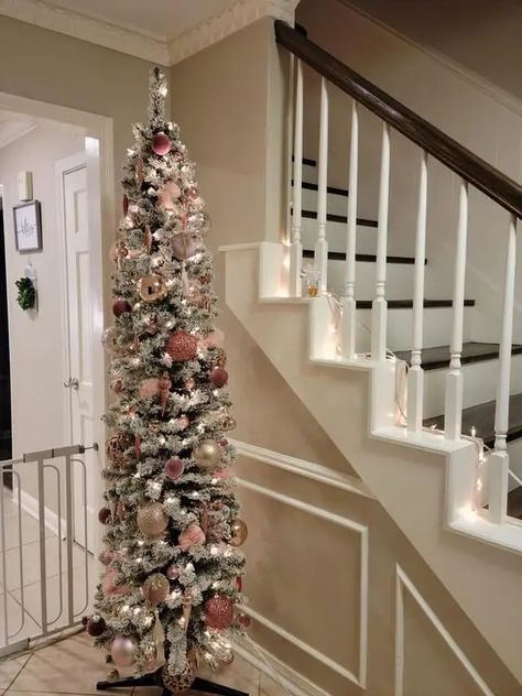 A flocked pencil Christmas tree with lights, gold and pink ornaments looks delicate and subtle Pencil Trees Decorating Ideas, Flocked Pencil Christmas Tree, Xmas Ornaments Diy, Ornament Homemade, Pink Ornaments, Pencil Tree, Christmas Tree With Lights, Tree With Lights, Slim Christmas Tree