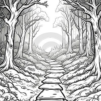 ai-generated-black-white-drawing-coloring-page-halloween-path-trees-path-woods Creepy Landscape Drawing, Cartoon Forest Drawing, Haunted Forest Drawing, Pathway Drawing, Forest Drawing Easy, Path Drawing, Road Drawing, Zentangle Drawing, Natures Path