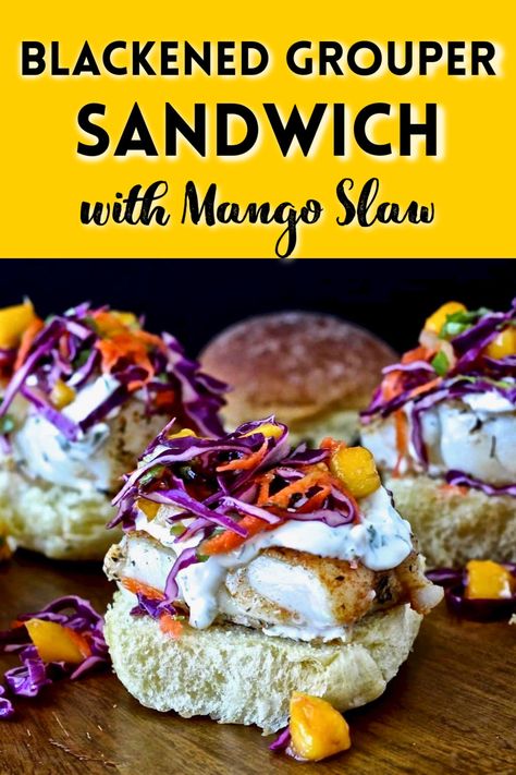 You'll love this tasty Blackened Grouper Sandwich, a classic Florida dish! I layer seasoned, fresh grouper on toasted rolls with a crunchy mango slaw and tangy lime aioli. Dinner is ready in under 30 minutes! Blackened Grouper Sandwich, Grouper Sandwich Recipes, Mango Slaw Recipes, Blackened Grouper, Grouper Sandwich, Grilled Grouper, Grouper Recipes, Easy Tater Tots, Lime Aioli