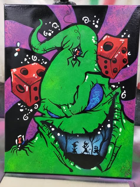 Monster Painting Acrylic, October Paintings Canvas Easy, Mr Oogie Boogie Drawing, Horror Acrylic Painting Ideas, Oogie Boogie Painting Ideas, Painting Ideas Horror Movies, Scary Movies Paintings, Painting Ideas On Cupboards, Lock Shock And Barrel Painting