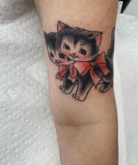 Vintage Kitten Tattoo, Kewpie Cat Tattoo, American Traditional Tattoos Cute, Hello Kitty Traditional Tattoo, Black Cat Tattoo Traditional, Kitschy Tattoo, Traditional Tattoos Cute, Punk Cat Tattoo, American Traditional Rabbit