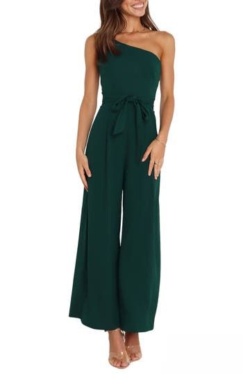 Elevate your special-occasion style with this asymmetric jumpsuit featuring a tie belt and a flowy, wide-leg silhouette. Hidden back-zip closure Asymmetric neck Adjustable strap Removable tie belt Partially lined 95% polyester, 5% spandex Hand wash, dry flat Imported Halter Jumpsuit Outfit Classy, Womens Wedding Guest Outfit Pants, Holiday Jumpsuits For Women, Jumpsuit Family Photos, Green Bridesmaid Jumpsuit, Female Officiant Attire Wedding, Dress Clothes, Jumpsuits For Women Wedding, Jumpsuit For Wedding Guest Classy