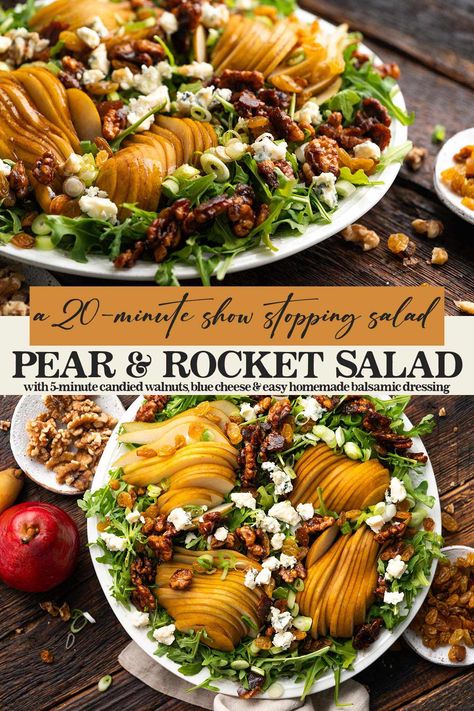 Rocket Salad Recipe, Fall Salad Ideas, Apple Salad Dressing, Salad Pear, Balsamic Salad Dressing, Roasted Pear Salad, Homemade Balsamic Dressing, Balsamic Salad, Homemade Balsamic Vinaigrette