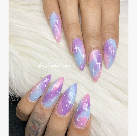 Pastel goth Pastel Witch Nails, Pastel Galaxy Nails, Pink Galaxy Nails, Summer Witch Nails, Pastel Goth Nail Art, Lizzo Nails, Summer Witchy Nails, Purple Galaxy Nails, Summer Disney Nails