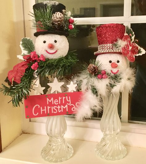 Snowman Head On Candlestick, Snowman Mantle Ideas, Snowman Centerpiece Ideas, Candlestick Snowman, Snowman Centerpieces, Snowmen Centerpieces, Diy Candle Stick Holder, Christmas Candleholders, Mrs Snowman