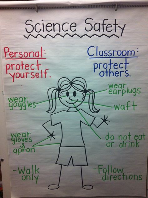 Here's a nice anchor chart on science safety. Scientist Anchor Chart, Science Lab Safety, Science Safety, Elementary School Science, Science Anchor Charts, 1st Grade Science, Lab Safety, Education Quotes Inspirational, Education Science