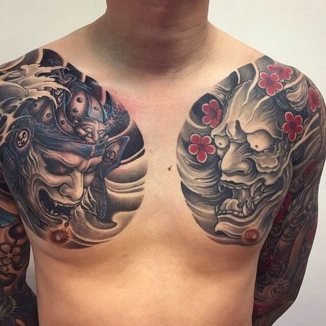 Hannya Maske Tattoo, Tato Irezumi, Hannya Maske, Samurai Tattoo Sleeve, Dragon Head Tattoo, Full Chest Tattoos, Hannya Mask Tattoo, Tattoo Japanese Style, Samurai Tattoo Design