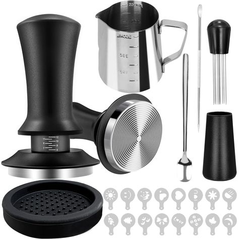 PRICES MAY VARY. 【22Pcs Espresso Coffee Maker Set】Professional espresso accessories tools barista set (22pcs), including 1* 51mm coffee tamper, 1*WDT tool, 1* coffee tamper mat, 1* 350ml milk frothing pitcher, 16* decorating stencils, 1* 13.5cm latte art pen, and 1* 13.3cm coffee stirring spoon. This set helps create exquisite coffee art, enhances the visual appeal of coffee, and increases user enjoyment and satisfaction. 【Espresso Tamper with Scale】Different from other products on the market, o Espresso Tools, Espresso Accessories, Wdt Tool, Barista Tools, Coffee Tools, Espresso Tamper, Ergonomic Hand, Tiny Room, Coffee Stirrers