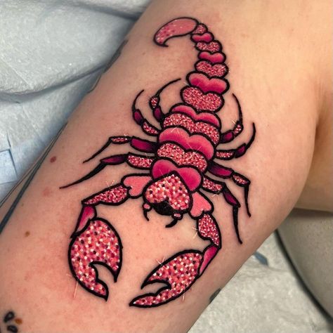 ShayTattoos LLC | 💕🦂Land Lobster for Sara 🦂💕 • • • #glittertattoo #sparklytattoo #y2k #glitter #girlytattoo #rainbowtattoo #neotraditional #neotrad… | Instagram All Pink Tattoo, Girlie Traditional Tattoos, Heart Scorpion, Girly Traditional Tattoo, Glitter Tattoo Ideas, Color Realism Tattoo, Tattoo Colourful, Neotraditional Tattoo Design, Pink Tattoo Ink