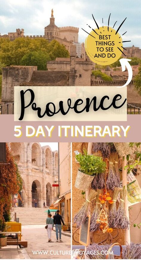 Experience the quintessential charm of Southern France with this detailed 5 days in Provence guide by Cultured Voyages. From Provence's hidden gems to popular attractions, we help you map out a Provence itinerary that encompasses the beauty of the Provence region in France. Discover the best things to do in Provence France and essential tips for an unforgettable road trip. Ready to visit Provence France? Click for the full guide! Provence France Travel, France Itinerary, France Travel Guide, Adventure Travel Explore, Quaint Village, Southern France, Provence France, French Countryside, Cote D’azur