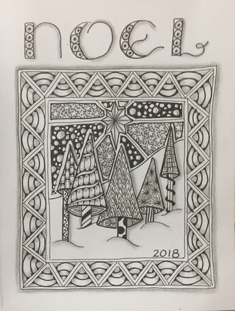 Hand drawn Christmas card Zentangle Christmas Patterns, Christmas Card Drawing Ideas Hand Drawn, Zentangle Cards Ideas, Christmas Zentangle Cards, Christmas Zentangle Ideas, Zentangle Christmas Cards Ideas, Christmas Zentangle Patterns, Zentangle Christmas Cards, Zentangle Ornaments Christmas