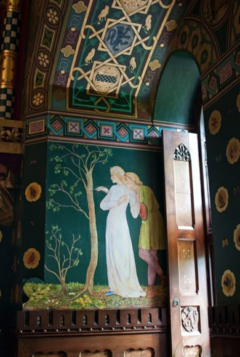 Whimsigoth Mural, Art Deco Castle, Medieval Wall Painting, Castle Wall Painting, Medieval Mural, Medieval Bedroom Aesthetic, Art Nouveau Mural, Wales Aesthetic, Unique Wall Painting