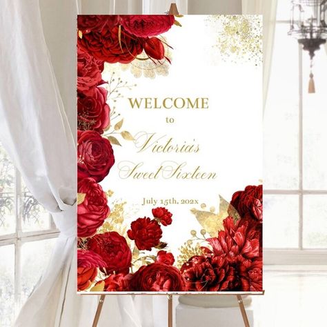 Wine Red Gold Floral Quinceañera Welcome Sign, Entrance Guest Signage, Sweet 16 Digital Poster DIY Editable Template, Printable, Download - Etsy Romania Red Buffet, Buffet Signs, Poster Diy, Welcome Boards, Golden Red, Digital Poster, Wedding Welcome Signs, Sign Templates, Gold Floral