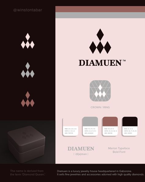 This 2022, I'm creating more brand identity designs to expand my skill set. To start, I am creating a series of fictional brands to mobilize this initiative. . Diamuen is a jewelry house in Botswana crafting fine jewelries and accessories adorned with some of the rarest diamonds in the world. They are in need of a new identity to appeal with the exclusive clientele worldwide. . #brandfictionseries #brandidentity #premiumdesigns #diamondsareforever #jewelrybranding Rare Diamond, Minimal Logo Design, Bold Fonts, Identity Logo, Quality Diamonds, Brand Identity Design, Identity Design, Jewelry Branding, Luxury Jewelry