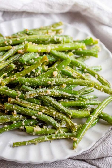 Garlic Parmesan Green Beans are an easy green bean side dish made on the stovetop with fresh garlic and grated Parmesan Cheese! Garlic Green Beans With Olive Oil And Parmesan, String Green Bean Recipes, Parmasean Green Beans, Fresh Green Bean Recipes Skillet, Roasted Green Beans Oven, Parmesan Garlic Green Beans, Green Bean Recipes Skillet, Garlic Parmesan Green Beans, Green Bean Side Dish Recipes