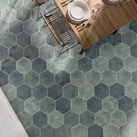 Olive Green Porcelain Hexagon Tile is new from Tile Club! Shop this hexagon tile in durable porcelain to add color to an outdoor accent wall, shower floor, kitchen backsplash, or throughout your residential or commercial build adds stunning color in a geometric shape to your floors, accent walls, patio, swimming pool, and more! Free shipping on qualifying orders Outdoor Accent Wall, Hexagon Floor Tile Pattern, Patio Swimming Pool, Grey Kitchen Tiles, Porcelain Hexagon Tile, Hexagon Floor, Hexagon Tile Floor, Tiled Hallway, Full Bathroom Remodel