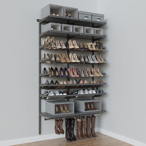 Elfa Decor 4' Shoe Wall | The Container Store Shoe Wall Closet, Elfa Drawers, Shoe Places, Shelf Shoes, Elfa Closet, Elfa Shelving, Closet Solutions, Shoes Organizer, Shoe Wall