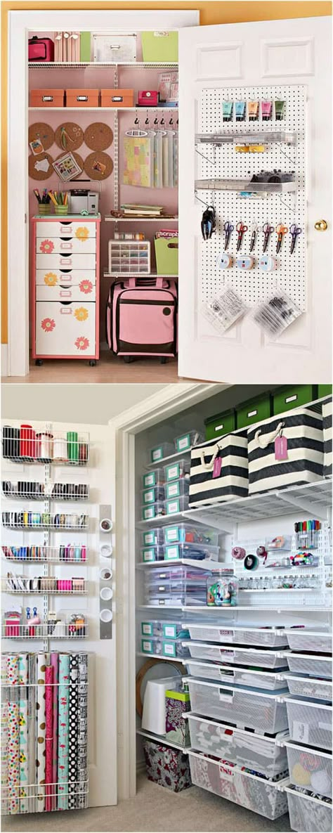 21 best DIY workshop & craft room ideas on creative storage & organization utilizing pegboards, shelving, closet & wall for a productive clutter free space! - A Piece of Rainbow #workshop #diy #craftroom #wood #woodworkingprojects #woodworking #organizing #organization #organize #rack #shelf workshop, hobby room, craft room, crafting, crafts, wood, woodworking projects, wood working, tool organizing, organization, organize, declutter Craft Room Closet, Storage Ikea, Dream Craft Room, Craft Room Design, Sewing Room Organization, Crafts Room, Scrapbook Room, Ideas Craft, Office Crafts