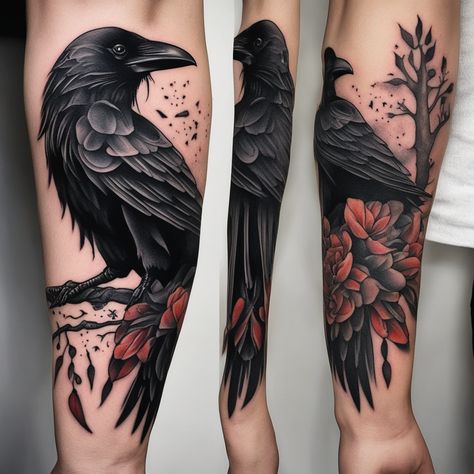 Playground AI - Crow tattoo Crow Tattoo Leg, Crow Tree Tattoo, Tree And Crow Tattoo, Crow Cherry Blossom Tattoo, Gothic Crow Tattoo, Crow Tattoo Design, Crow Tattoo, Arm Sleeve, Creating Art