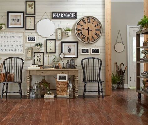 384 Likes, 3 Comments - Birch Lane (@birchlane) on Instagram: “Bring an element of nostalgia into your home by creating a timeless and vintage #gallerywall.…” Wall Clock Decor Living Room Ideas, Wall Clock Decor Living Room, White Shiplap Wall, Wood Wall Clock, Clock Decor, Large Clock, Farmhouse Wall Decor, Ship Lap Walls, Clock Wall Decor