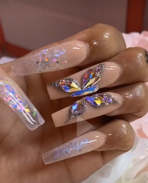 Butterfly Nails Rhinestones, Rhinestone Butterfly Nails, Simple Bling Nails, 3d Butterfly Nails, Nailart Tutorial, Butterfly Nails, Nails Design With Rhinestones, Stiletto Nails Designs, Long Acrylic Nails Coffin