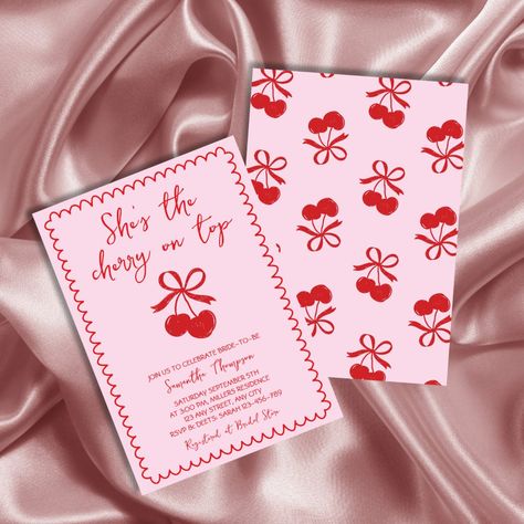 Cherry On Top Pink & Red Hand Drawn Bridal Shower Unique Bridal Shower Invitations, Celebrity Bride, Red Color Schemes, Bridal Shower Inspiration, Bridal Shower Cake, Cherry On Top, Baby Shower Theme, Sweet Memories, Bridal Shower Theme