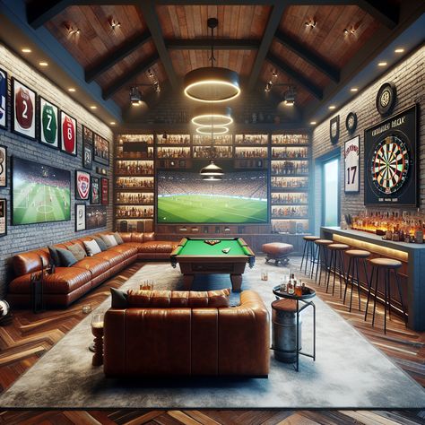 Immerse in the rustic allure of this spacious man cave, showcasing brick walls, a plush L-shaped couch, a high-tech TV plus sound system, and a stocked bar. Enjoy games on the mahogany pool table, darts, or soak in the sports memorabilia. #ManCave #SportsDen #HomeBar #LuxurySpaces #GameRoom #RusticDesign Media Room With Pool Table, Sports Lounge Interior, Sports Lounge Ideas, Man Cave Theater Room, Brick Wall Game Room, Man Cave In Shop, Gentleman Room Man Caves, Sports Tv Room, Cabin Gameroom