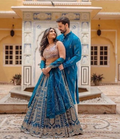 Couple Dress Matching Indian Wedding, Blue Indian Wedding Dress, Marriage Reception Dress, Engagement Couple Dress, Engagement Photos Indian, Engagement Portraits Poses, Wedding Matching Outfits, Indian Wedding Poses, Groom Dress Men