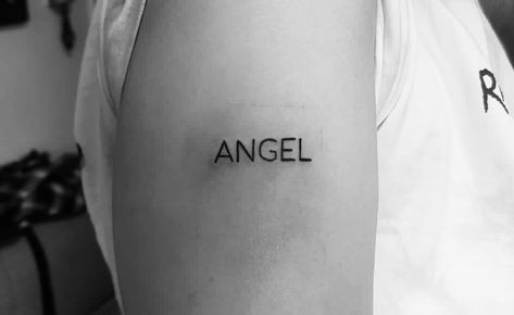 Angel tattoo on the right shoulder Word Angel Tattoo, Word Tattoo Fonts, Angel Word Tattoo, Sharp Font, Word Tattoo, Angel Tattoo, Word Tattoos, Tattoo Fonts, Tattoo On