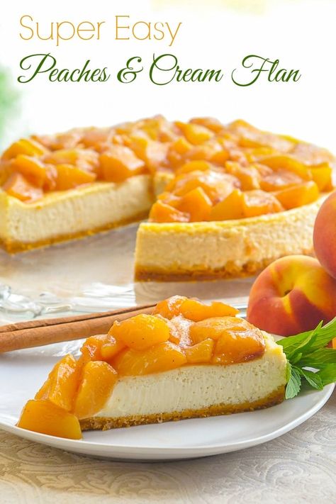 This super simple peaches and cream flan on a graham cracker crumb crust is a snap to make and can have almost any fruit topping but none is better than this roasted Honey Peach Compote. Fruit Flan Recipe, Peaches And Cream Dessert, Fruit Flan, Fruit Topping, Peach Compote, Crumb Crust, Peach Dessert Recipes, Homemade Pudding, Rock Recipes