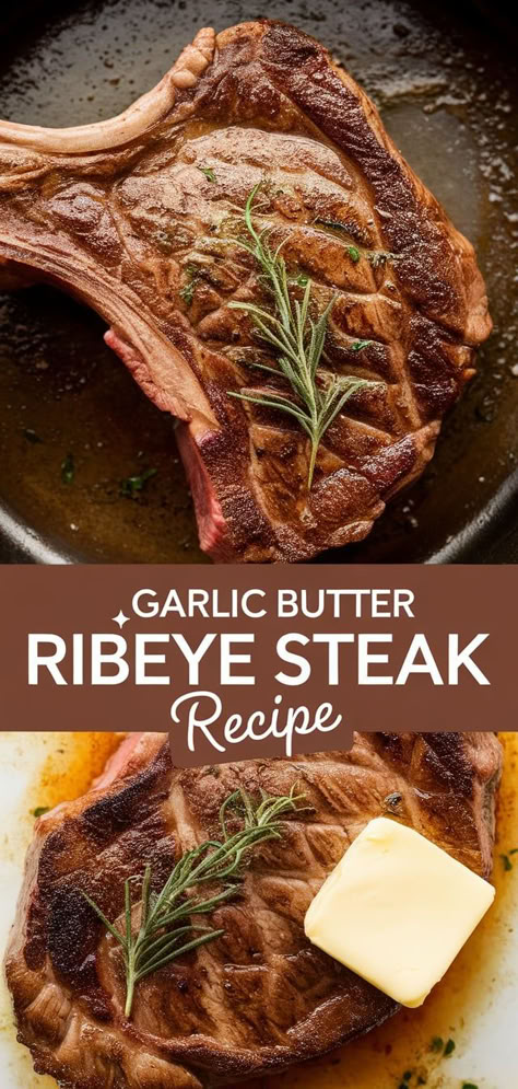 This Garlic Butter Ribeye Steak is the ultimate indulgence! Pan-seared to a golden crust and infused with rich garlic butter, it’s perfect for date nights or special occasions. Beef Ribeye Steak Recipe Oven, Rob Eye Steak Recipes, Baked Ribeye Steak Oven, Steak Recipes Ribeye, Ribeye Oven, Brown Butter Steak, Rib Eye Steak Recipes Pan, Ribeye Steak Recipes Cast Iron, Garlic Butter Ribeye Steak