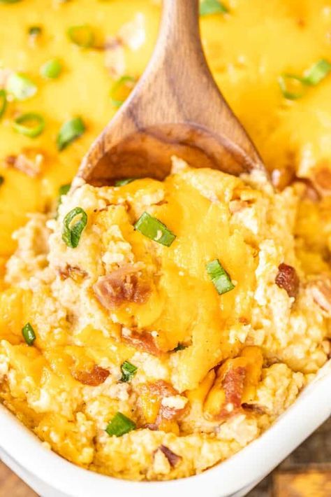 Mississippi Sin Grits Casserole – ham and cheese grits casserole. All the flavors of our favorite party dip combined with cheesy grits! SO good! We love this casserole for breakfast, lunch, and dinner. Grits, chicken broth, eggs, onion, garlic, Worcestershire sauce, hot sauce, cheddar, cream cheese, sour cream, butter, and ham. Can make ahead and refrigerate or freeze for later. This always gets RAVE reviews! YUM! Grits Bar Brunches, Baked Grits Casserole, Recipes With Grits, Loaded Grits, Cheesy Grits Casserole, Baked Grits, Fried Grits, Bacon Grits, Pimento Cheese Grits