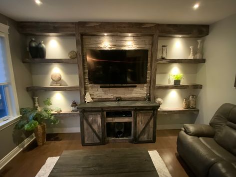 My husband did this Rustic Wall Units For Tv Living Rooms, Rustic Entertainment Wall, Rustic Tv Wall Ideas Mounted Tv, Rustic Tv Wall Ideas, Entertainment Center Ideas Diy, Western Accent Wall, Tv Shows Quotes, Tv Entertainment Wall, Tv Wall Design Luxury Tvs