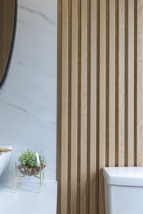 Bathroom With Wood Panel Wall, Bathroom Wooden Wall Panels, White And Neutral Bathroom, Wood Cladding Bathroom, Wooden Panels Bathroom, Shop Counters, Oak Wall Hung Vanity Unit, Natural Oak Acoustic Slat Wood Wall Panels, Shower Curtain White