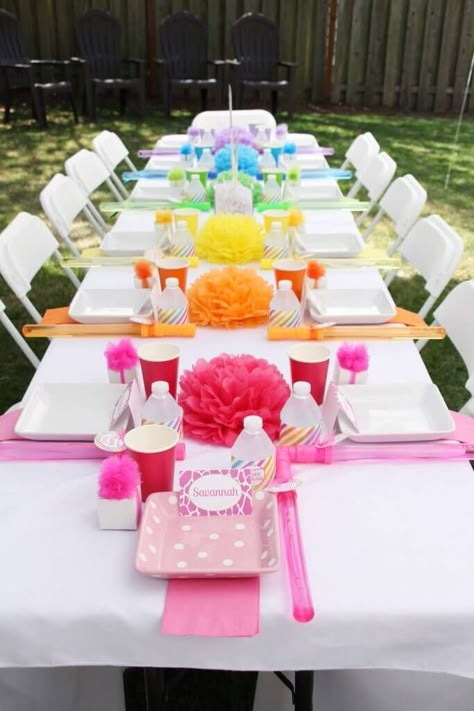 Rainbow Themed Birthday Party Table Settings, Birthday Party Place Settings, Table Settings For Birthday Parties, Colorful Party Table Decor, Rainbow High Decorations, Rainbow Birthday Table Decor, Somewhere Over The Rainbow Party, Rainbow Party Table Decor, Rainbow Ideas Decorations