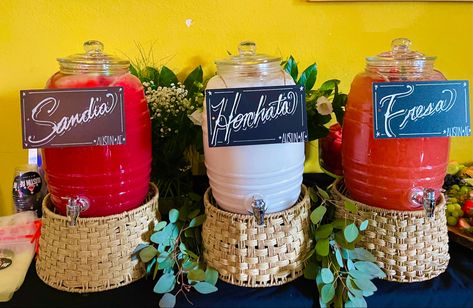 Agua Fresca Station, Agua Fresca Set Up, Elote Station Party, Drink Station Party, Bachelorette Slumber Parties, Talavera Wedding, Beverage Station Party, Summer Mocktails, Barbie Bachelorette