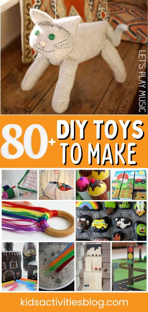 80+ DIY Toys to Make. Don’t spend a ton of money on toys when you can make toys for kids. Toy making crafts are so fun and there are easy homemade toy ideas from baby toys, STEM toys, pretend play toys and more fun toys for kids! We’ve gathered the best DIY toys we could find. Boy Toys To Make, Wooden Toys To Make For Kids, Homemade Infant Toys, Diy One Year Old Toys, Make Sensory Toys, Making Toys From Recycled Materials, Old Fabric Ideas, Easy Handicrafts For Kids, Handmade Wooden Toys Diy