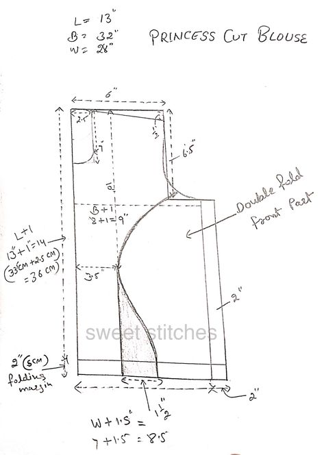 Sweet Stitches - Drafting of princess cut blouse #faishon... Princess Pattern Sewing, Princess Blouse Designs Pattern, Blouse Princess Cut Design, Pattern Drafting Tutorials Blouses, Churidar Pattern, Princess Cut Blouse Design, Blouse Tutorial, Pattern Drafting Tutorials, Princess Cut Blouse