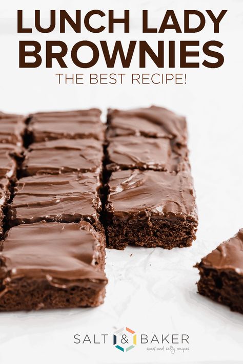 These decadent lunch lady brownies are super the REAL deal. They're fudgy, chocolatey, and topped with a smooth chocolate frosting. These brownies with frosting melt in your mouth and are absolutely irresistible! Brownies With Icing Homemade, Super Fudgy Brownies, Chocolate Frosting For Brownies, Frosted Brownies Recipe, Brownies With Frosting, Brownie Icing, Lunch Lady Brownies, Recipe For Lunch, Best Lunch Recipes