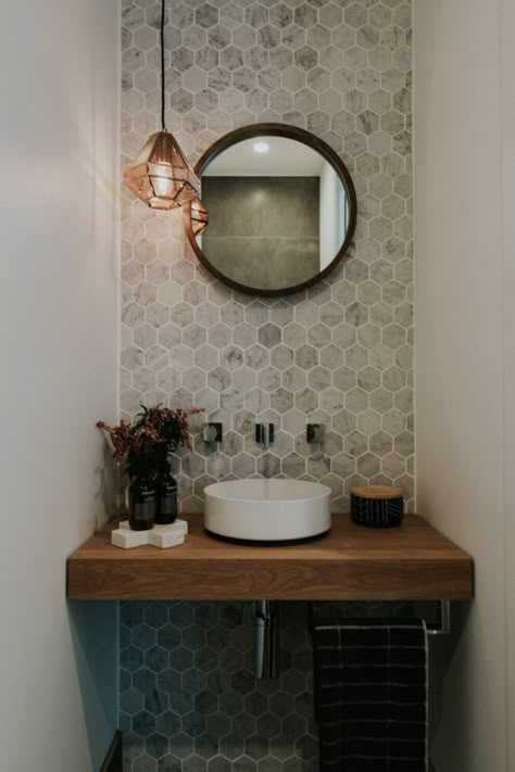 floating vanity and tile wall Hexagon Wall Tiles, Small Half Bathrooms, Wooden Vanity, Downstairs Toilet, Bad Inspiration, Downstairs Bathroom, Half Bathroom, Hexagon Tiles, Bath Room