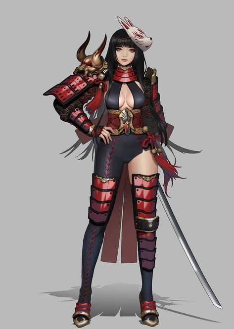 Japanese Female Samurai Outfit, Japanese Battle Outfit, Japanese Princess Anime, Japanese Hero Costume, Female Samurai Outfit, Samurai Outfit Women, Samurai Outfit Character Design, Female Samurai Drawing, Female Samurai Character Art